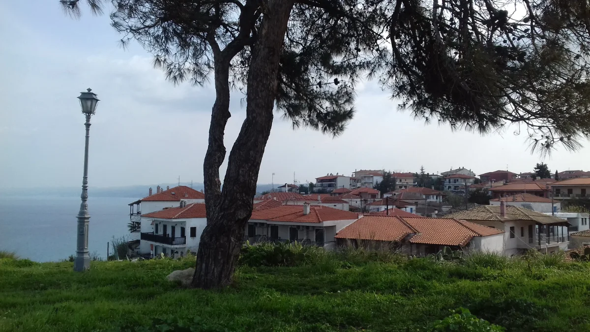 Panoramic view of the Toroneos Gulf from the cliff edge of Afitos village